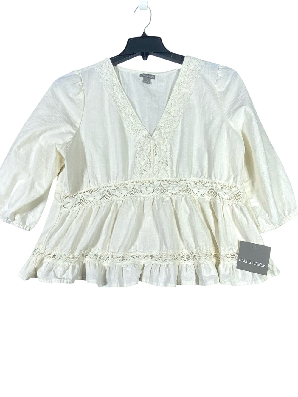 Falls Creek Babydoll Lace Trim Blouse Women's XL Off White Deep V-Neck Flowy NWT